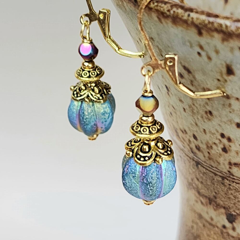 Stunning Dangle Earrings, Teal‎ Blue Glass with Etched Gold AB, Leverback Hooks